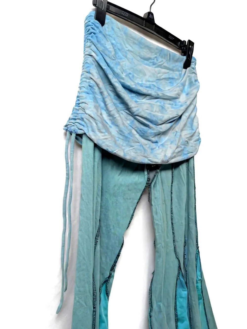 1 Of 1, Foldover Bell Bottom Tie Dye Boho High-Waist Flared Pants in Teal Blue - Picture 5 of 7